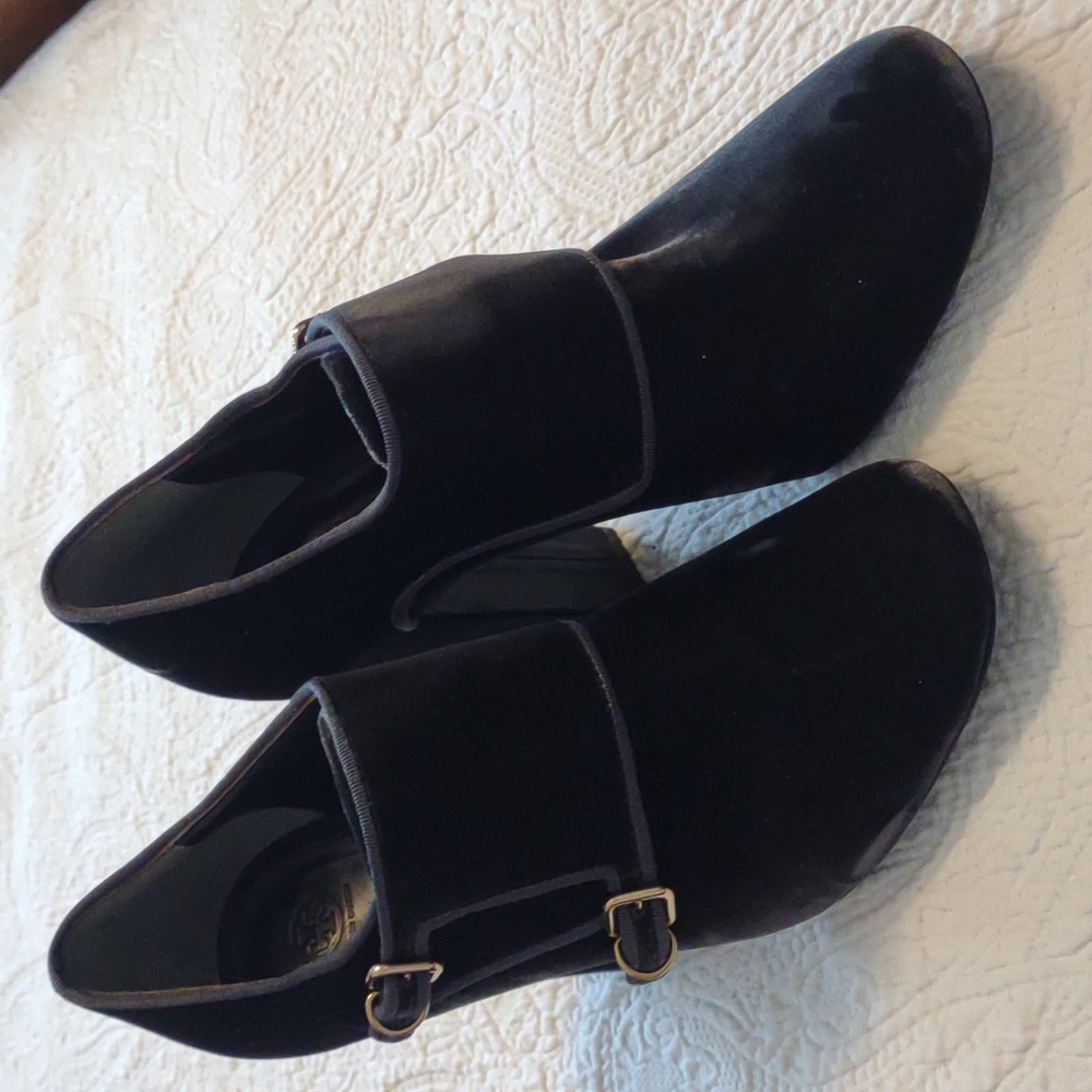 Tory Burch Black Suede Ankle Booties with Gold Buckle